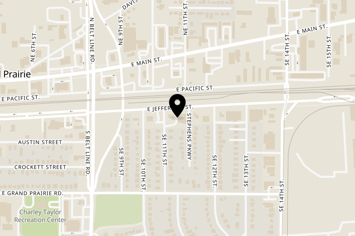 Map showing the location of El Atoron Taqueria & Restaurant on 1111 E Jefferson St in Grand Prairie